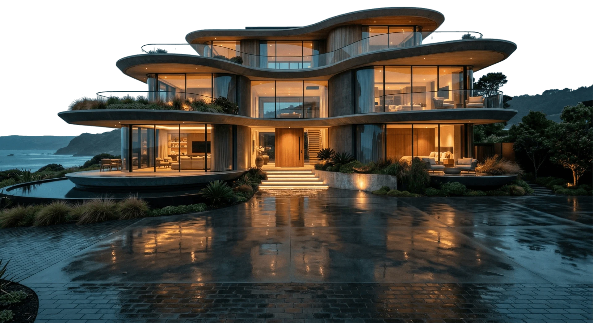 Modern, glass-walled house at night, reflecting on a wet driveway.